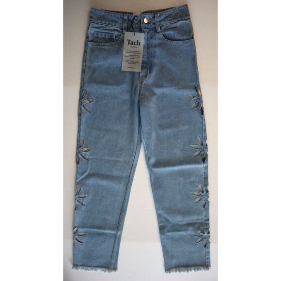 Tach x Free People Sz XS Blue Jazmin Cut-Out Flower Embroidered Denim Jeans - Picture 1 of 12